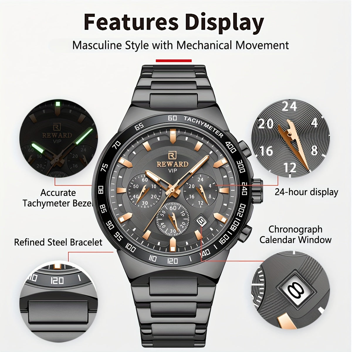 Reloj cronógrafo negro de cuarzo para hombre