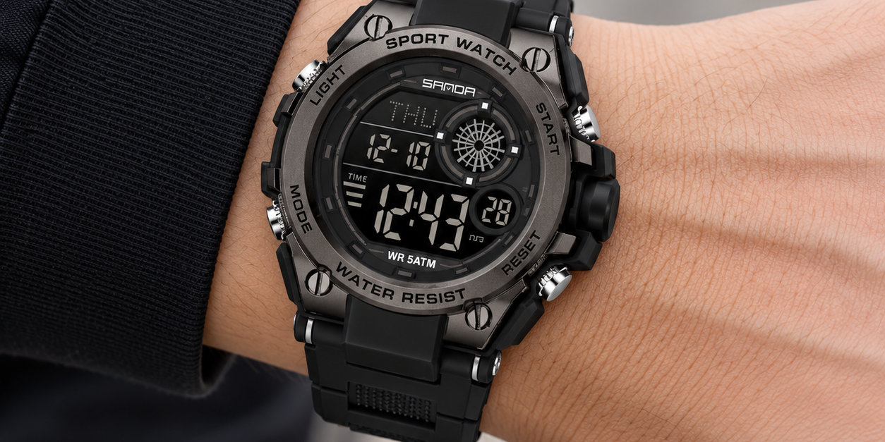 SANDA 6255 All Black wrist view — AI-enhanced image