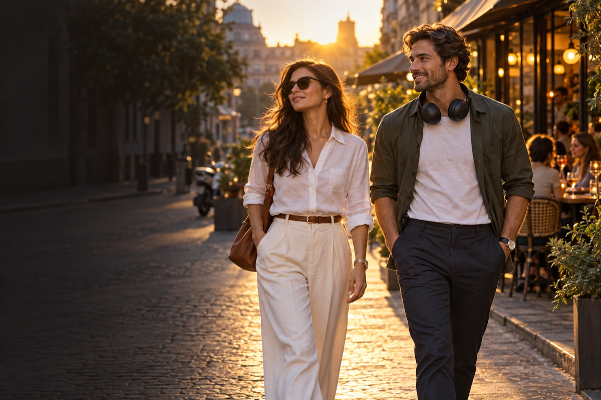 A man and woman walking together at golden hour on a city street