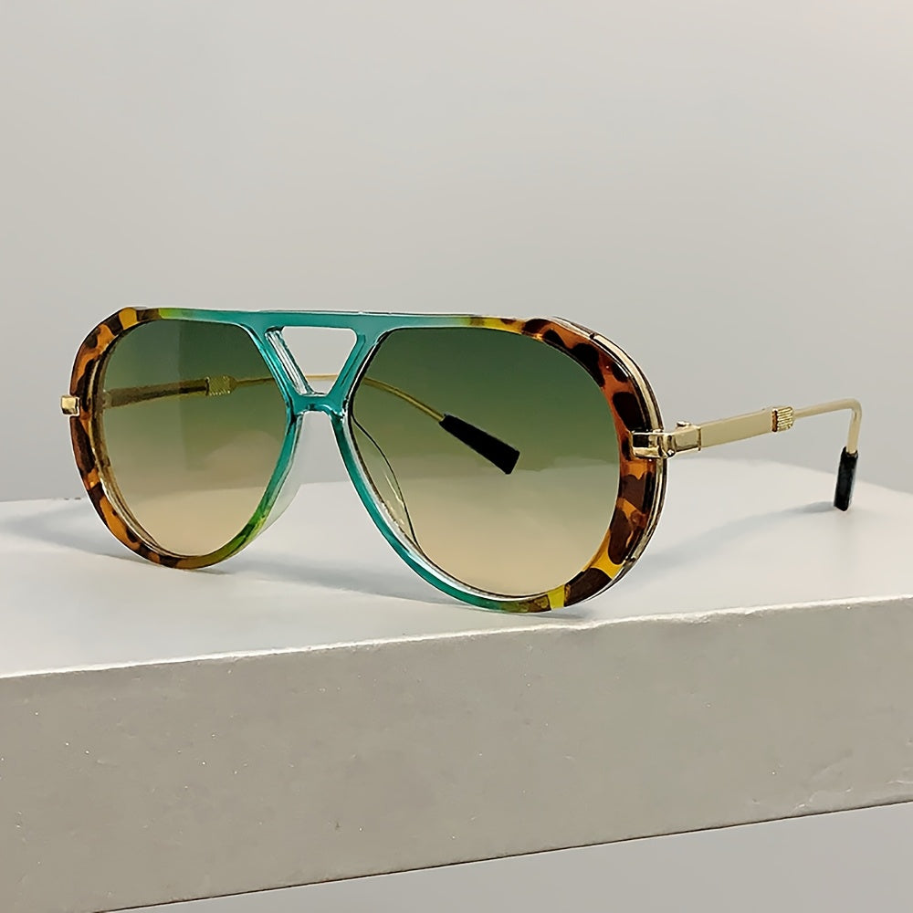 Model wearing women's round double-bridge fashion glasses