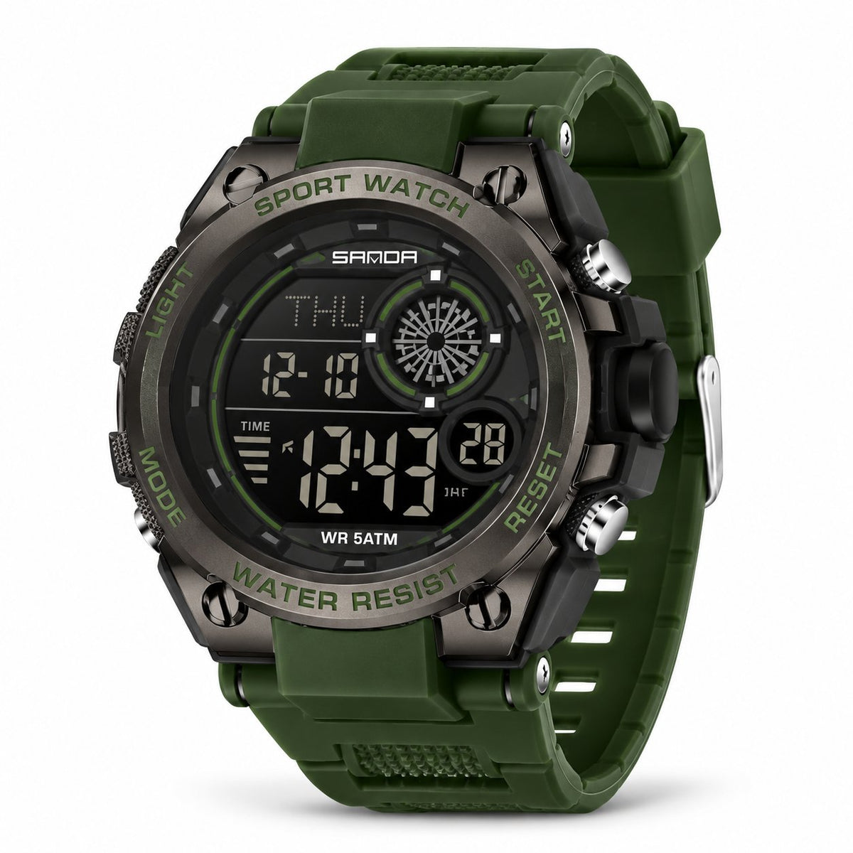 SANDA 6255 digital sports watch in Army Green — AI-enhanced product image