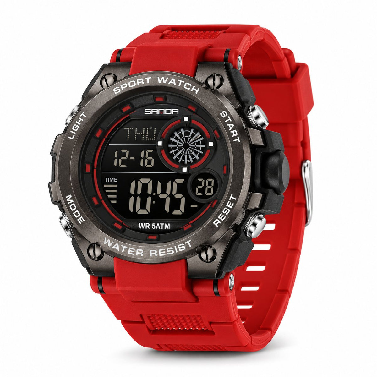 SANDA 6255 digital sports watch in Black/Red — AI-enhanced product image