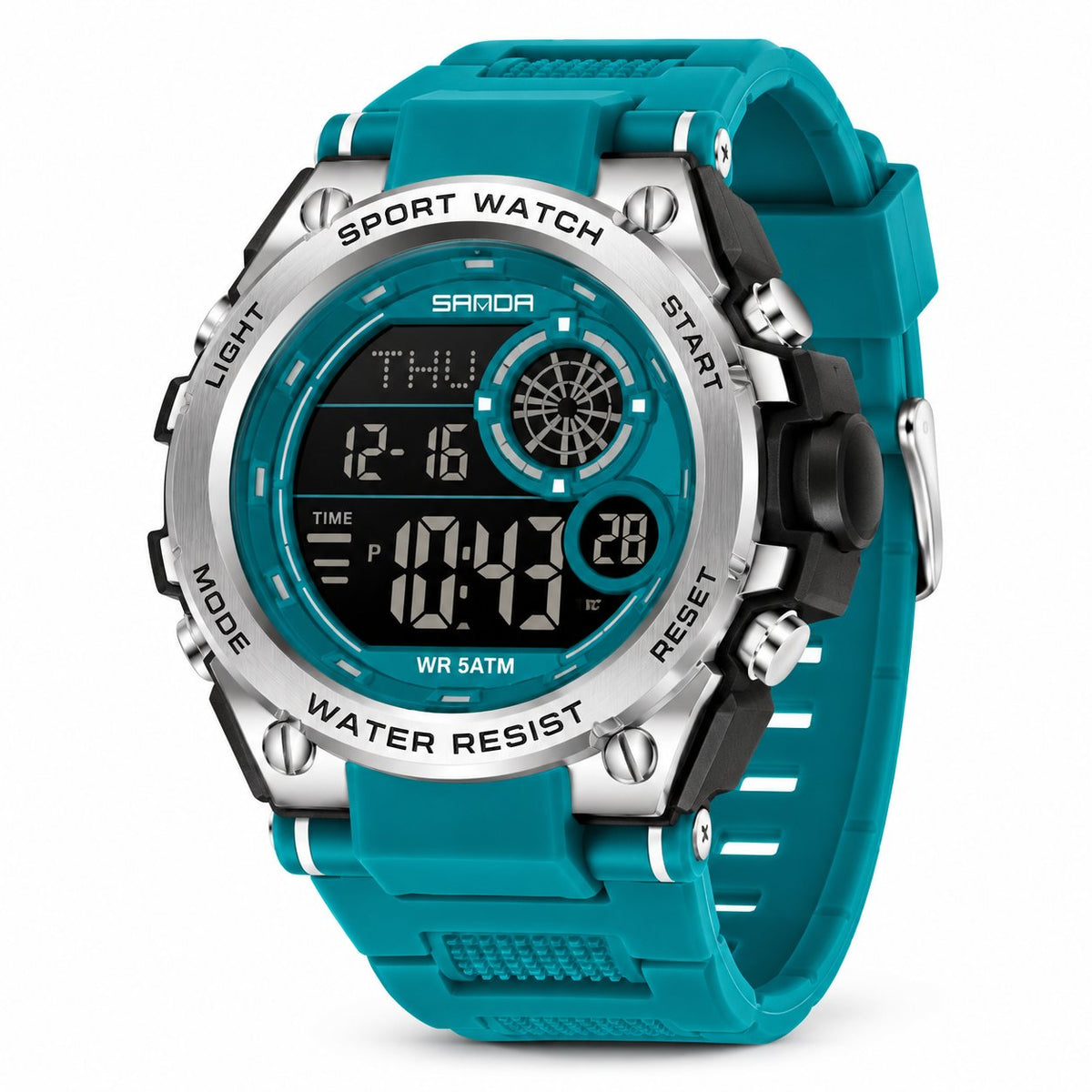 SANDA 6255 digital sports watch in Turquoise Blue — AI-enhanced product image