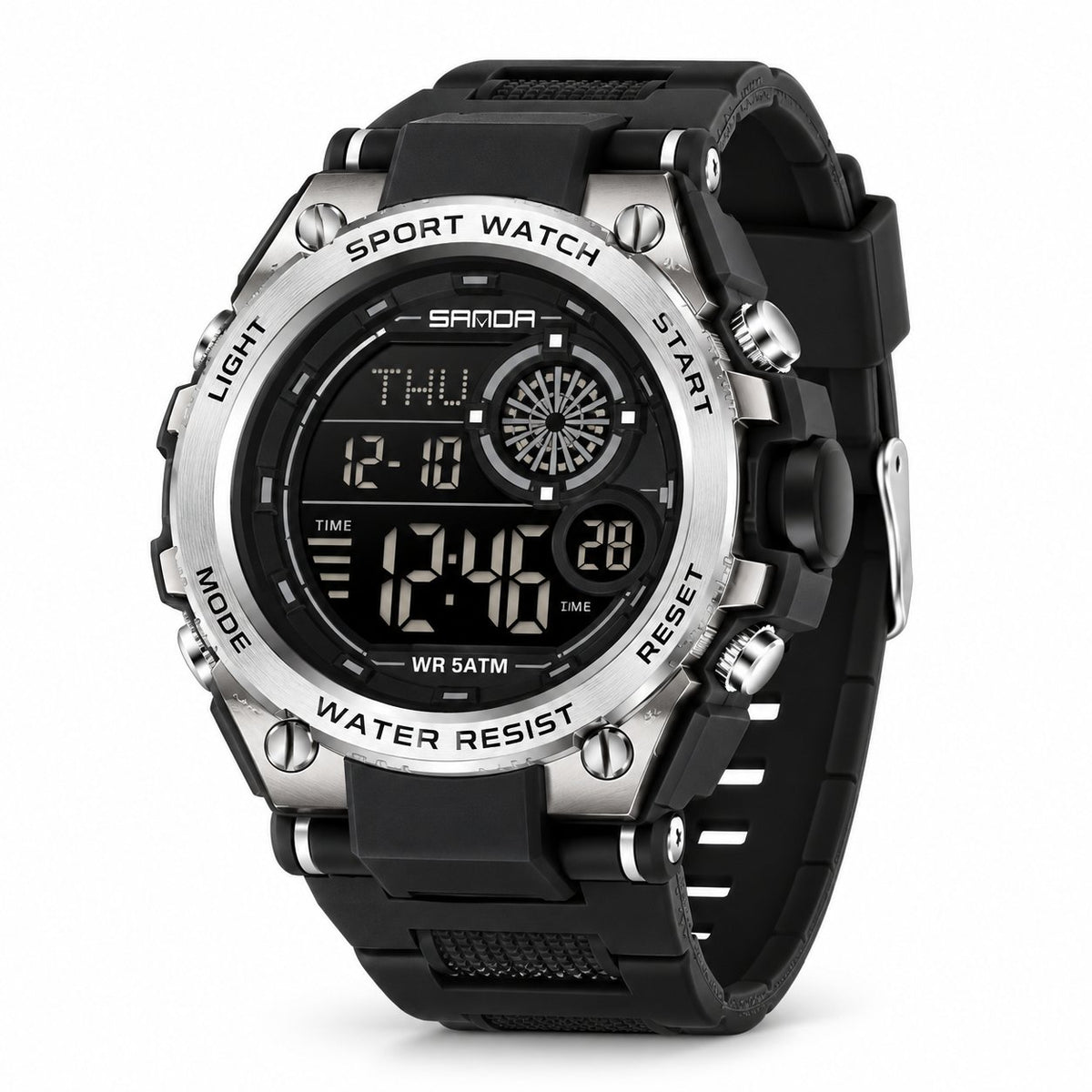 SANDA 6255 digital sports watch in Black/Silver — AI-enhanced product image