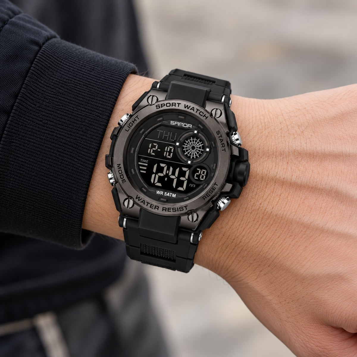 SANDA 6255 All Black wrist view — AI-enhanced image