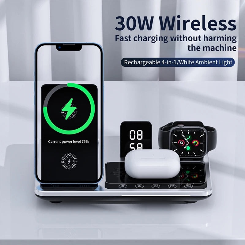 4IN1 Alarm Clock Wireless Charger Stand for Android and ISO