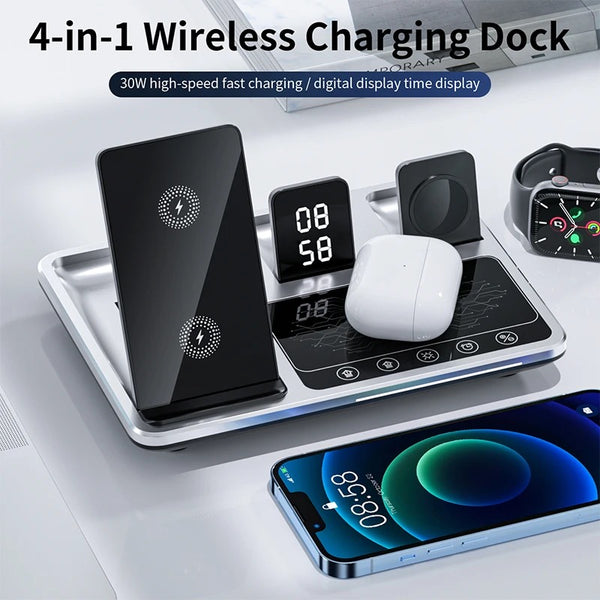 4IN1 Alarm Clock Wireless Charger Stand for Android and ISO