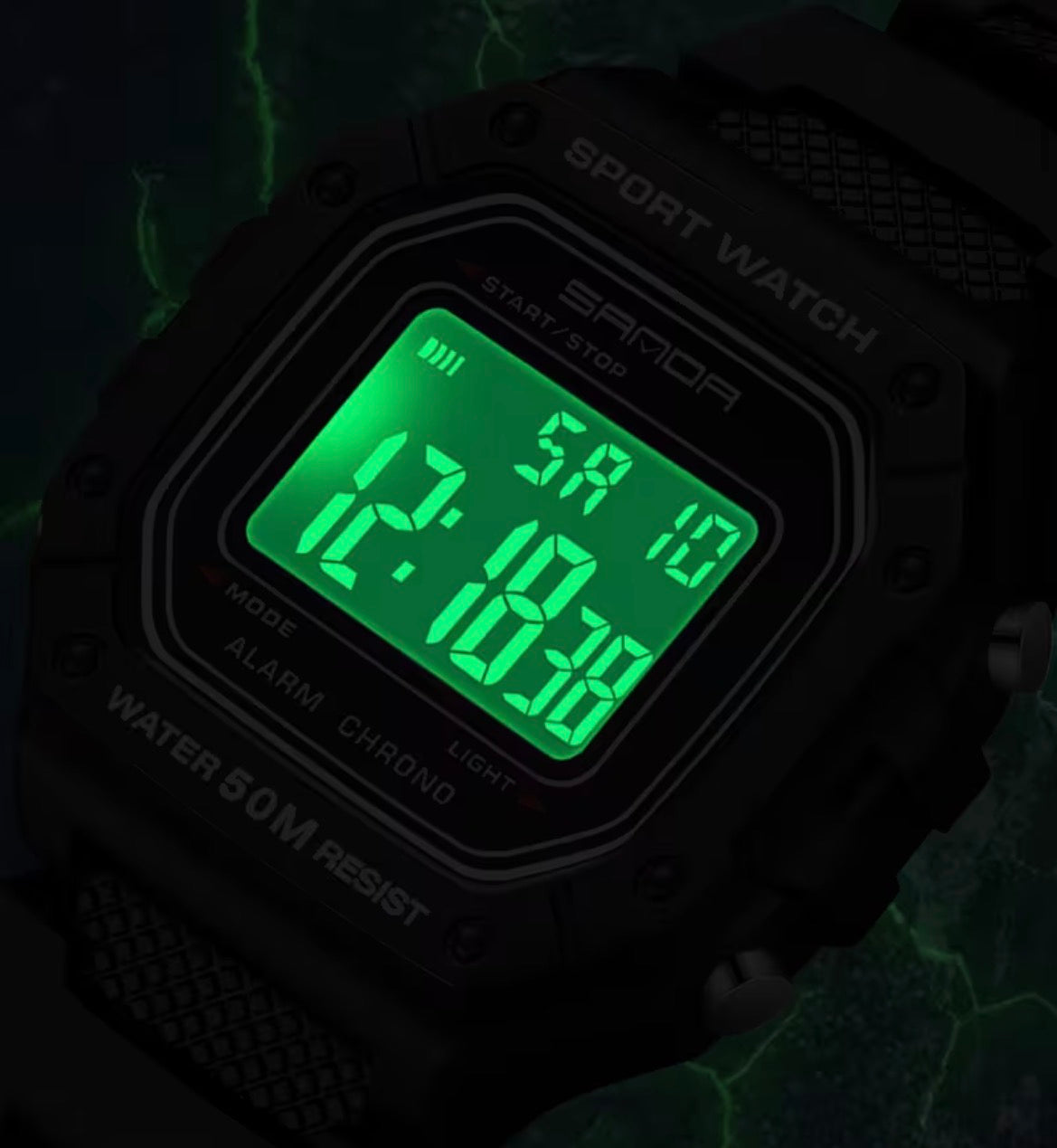 Model 2156J black digital watch with green illuminated display