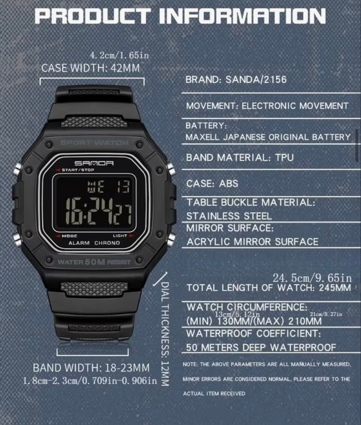 Model 2156J watch dimensions and supplier specification chart