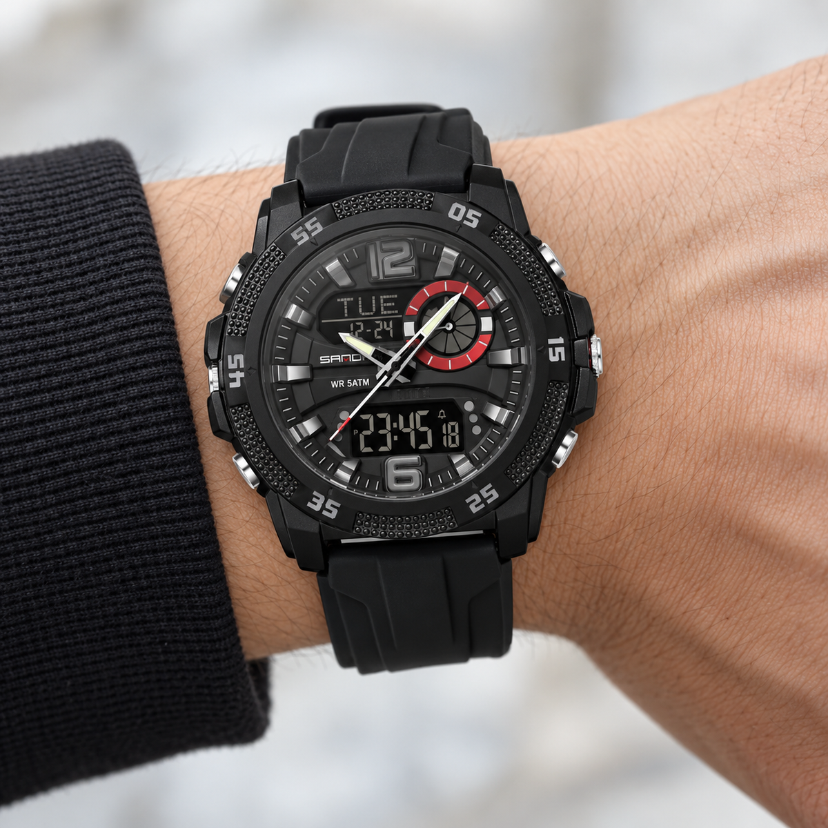 SANDA 3372 All Black watch worn on a wrist — AI-enhanced lifestyle image