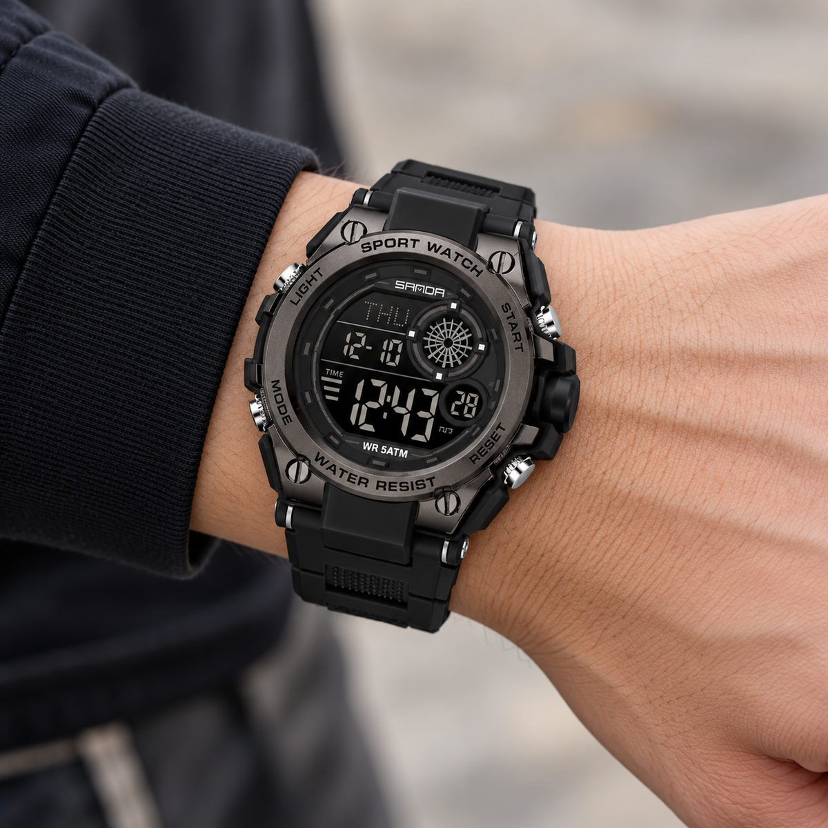 SANDA 6255 All Black wrist view — AI-enhanced image