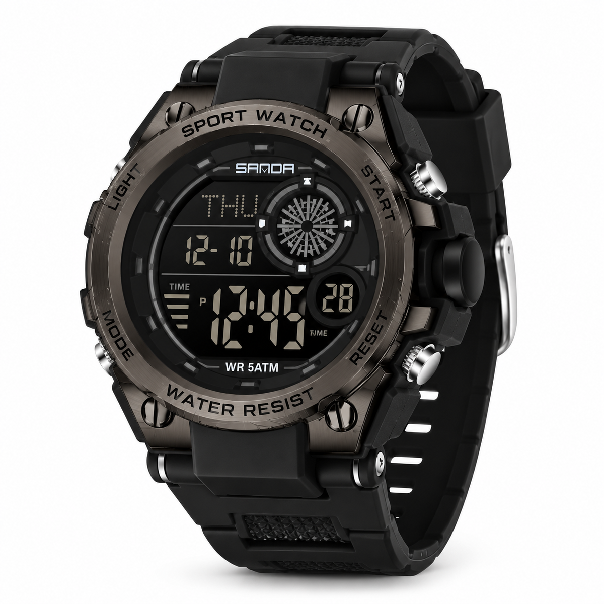 SANDA 6255 digital sports watch in All Black — AI-enhanced product image
