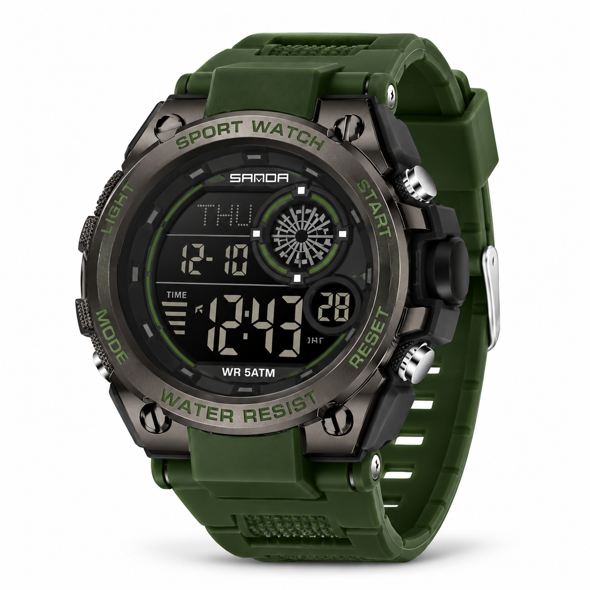 SANDA 6255 digital sports watch in Army Green — AI-enhanced product image
