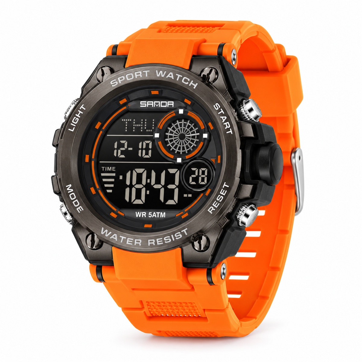 SANDA 6255 digital sports watch in Black/Orange — AI-enhanced product image