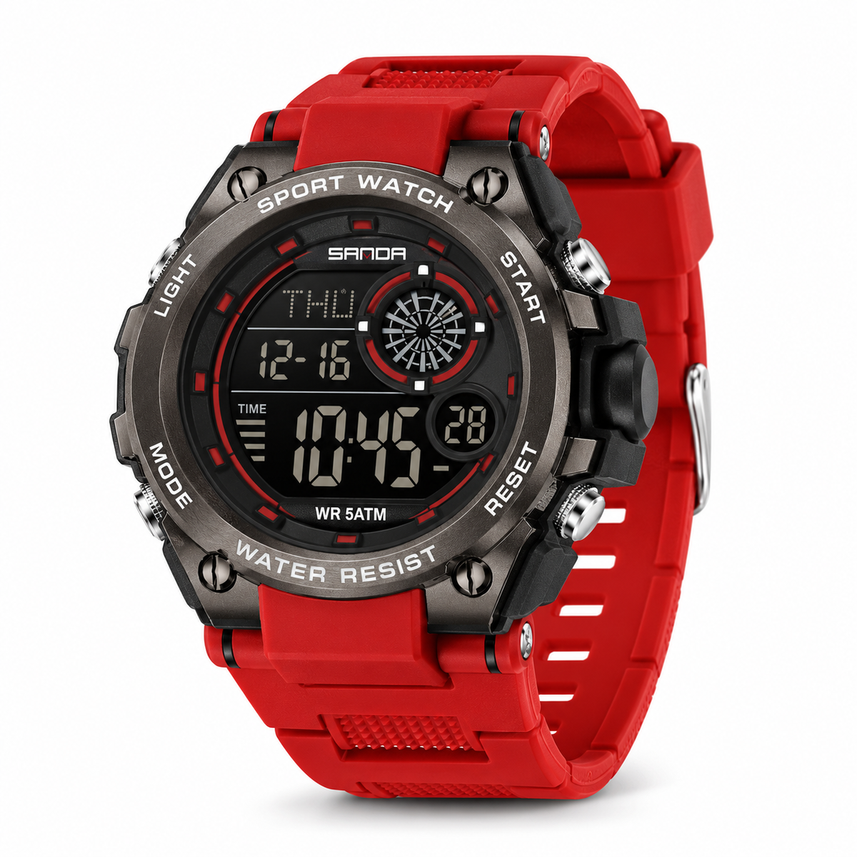 SANDA 6255 digital sports watch in Black/Red — AI-enhanced product image
