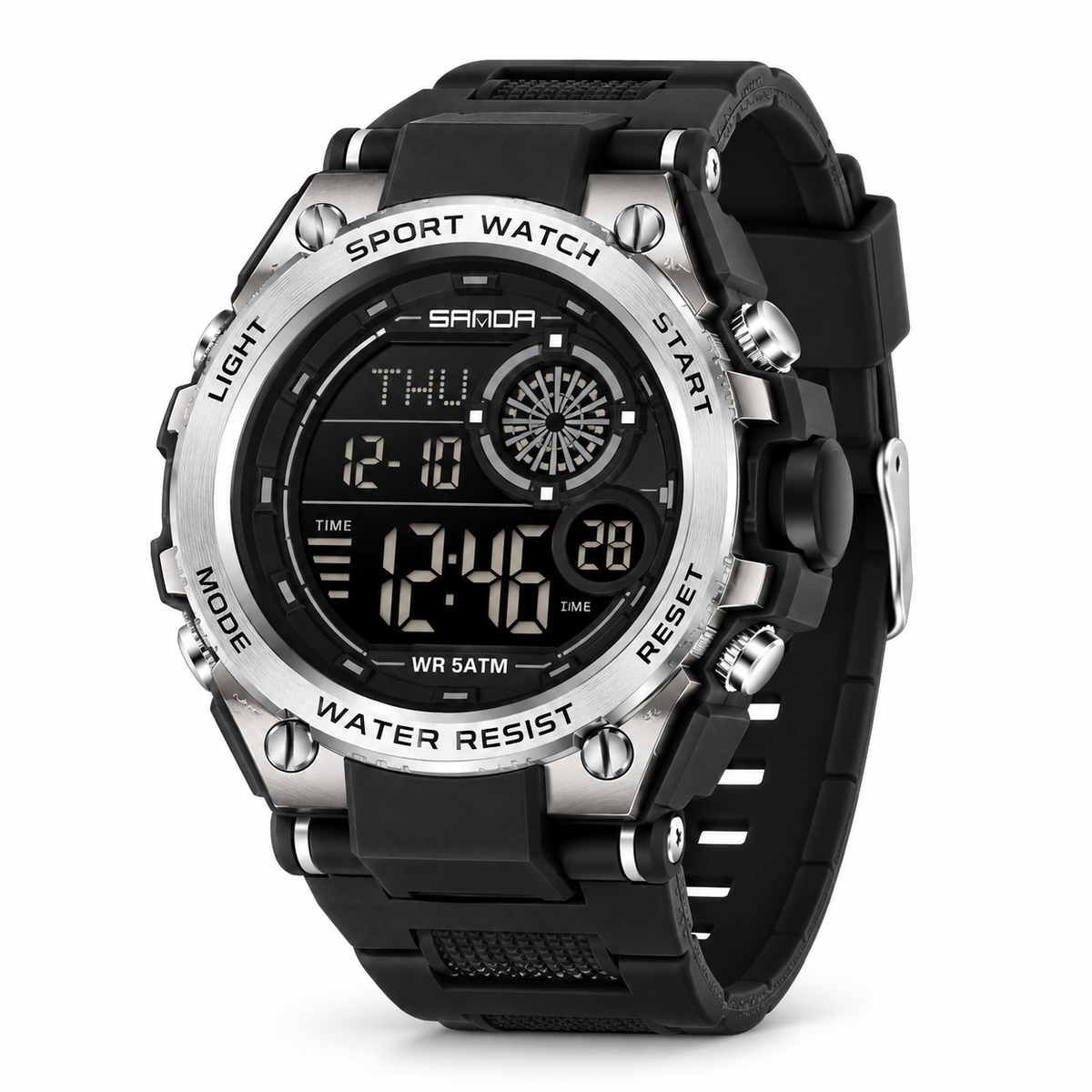 SANDA 6255 digital sports watch in Black/Silver — AI-enhanced product image