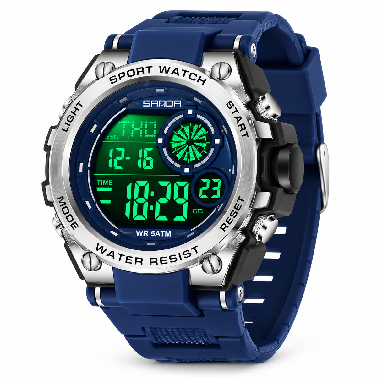 SANDA 6255 digital sports watch in Silver/Blue — AI-enhanced product image