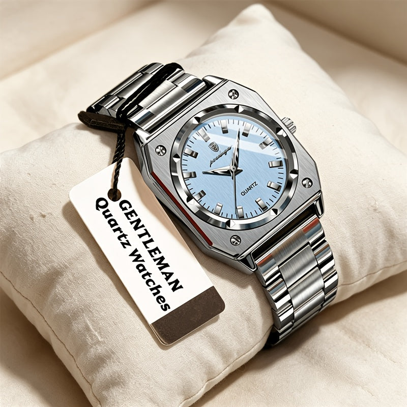 Octagonal stainless steel quartz watch – Blue dial