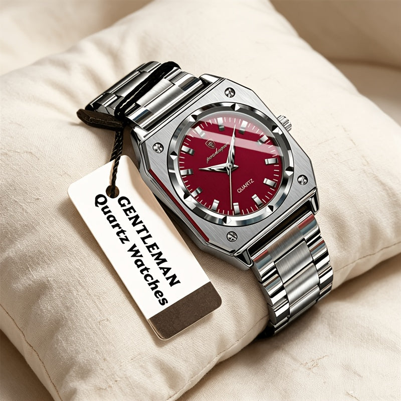 Octagonal stainless steel quartz watch – Burgundy dial