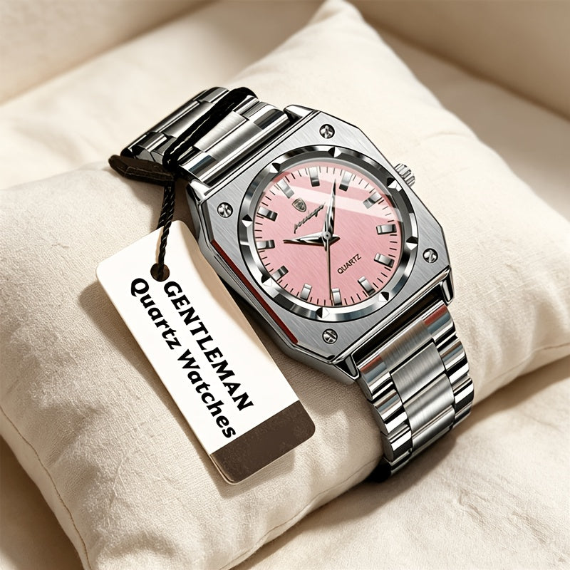 Octagonal stainless steel quartz watch – Pink dial