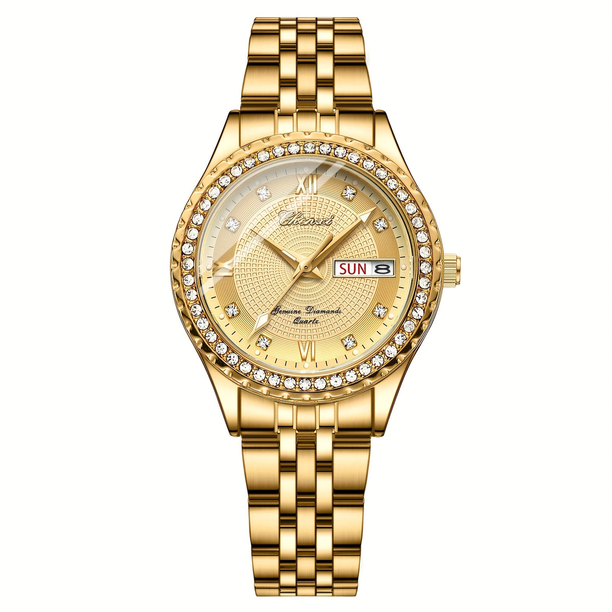 Rhinestone day-date quartz watch — Golden