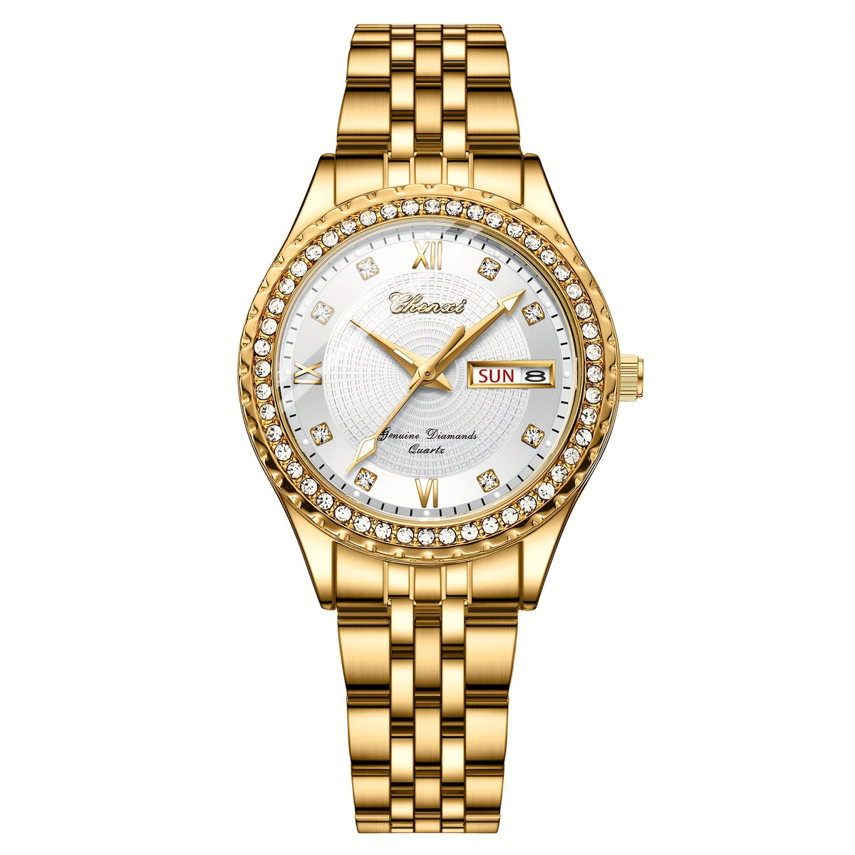 Rhinestone day-date quartz watch — White