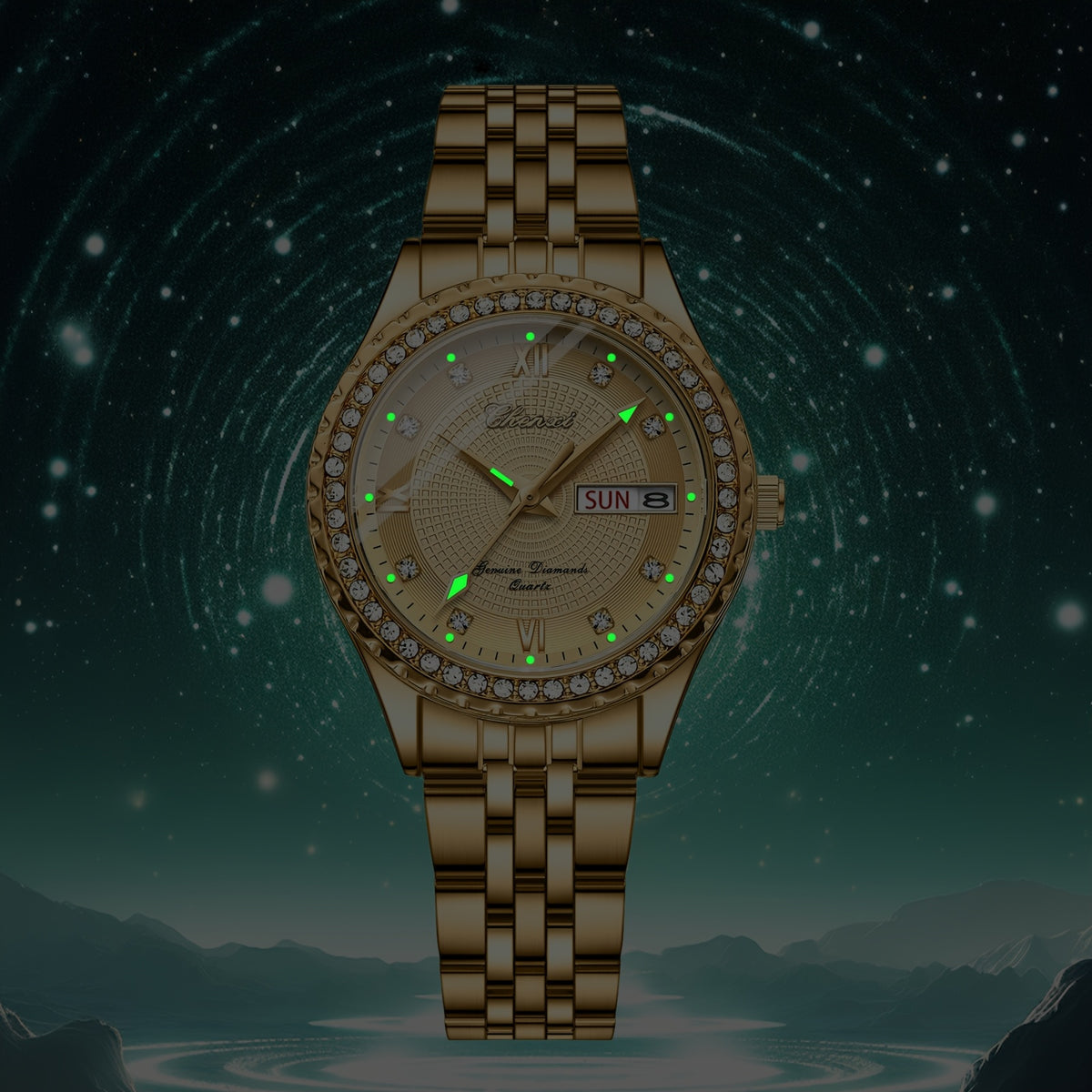 Rhinestone day-date watch — luminous hands