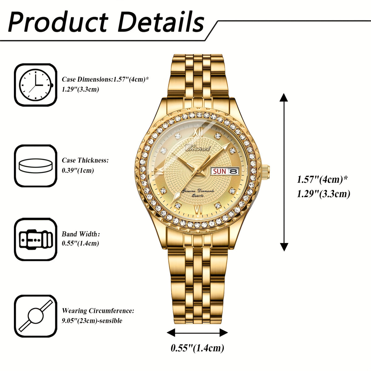 Rhinestone day-date watch — dimensions