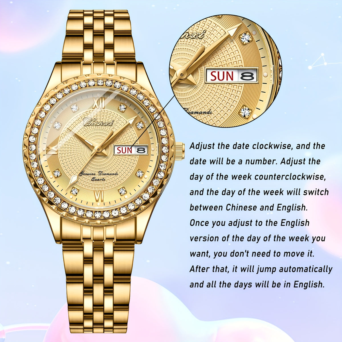 Rhinestone day-date watch — day-date adjustment