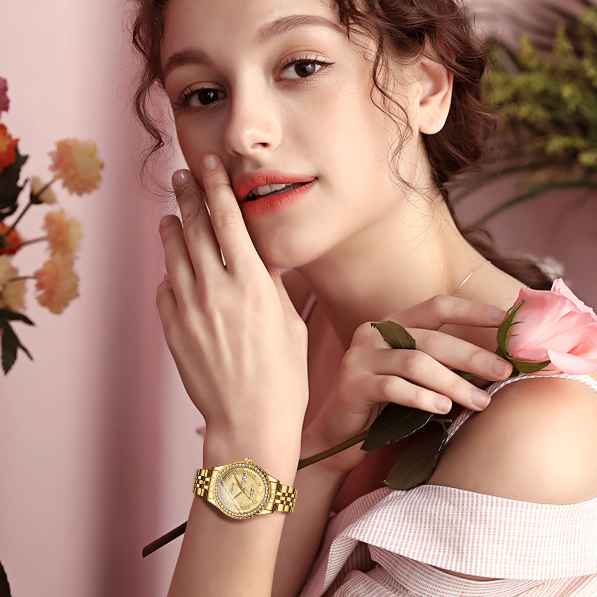 Rhinestone day-date watch — wrist lifestyle