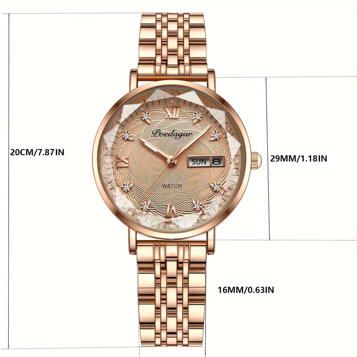 Rose gold rhinestone watch — supplier dimensions and details
