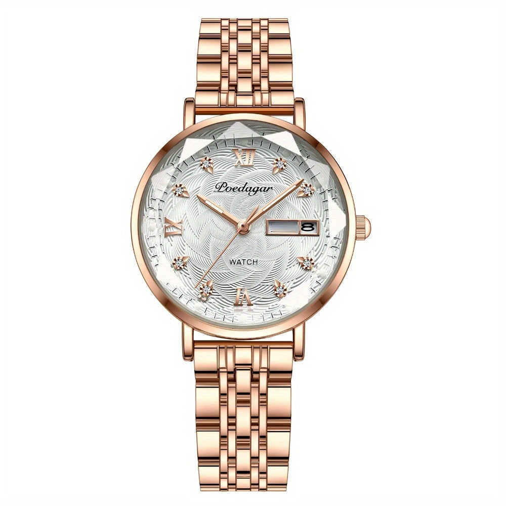 Rose gold rhinestone quartz watch — White dial