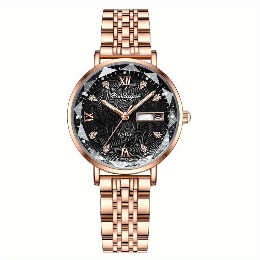 Rose gold rhinestone quartz watch — Black dial