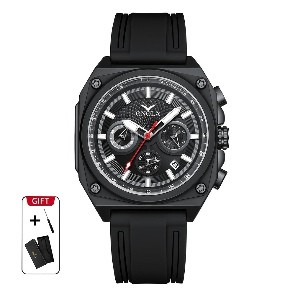Sports quartz chronograph watch — black silicone strap