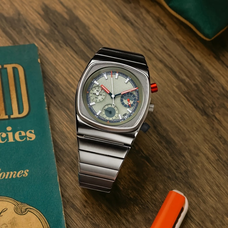 Men's square quartz watch with green dial and stainless steel bracelet
