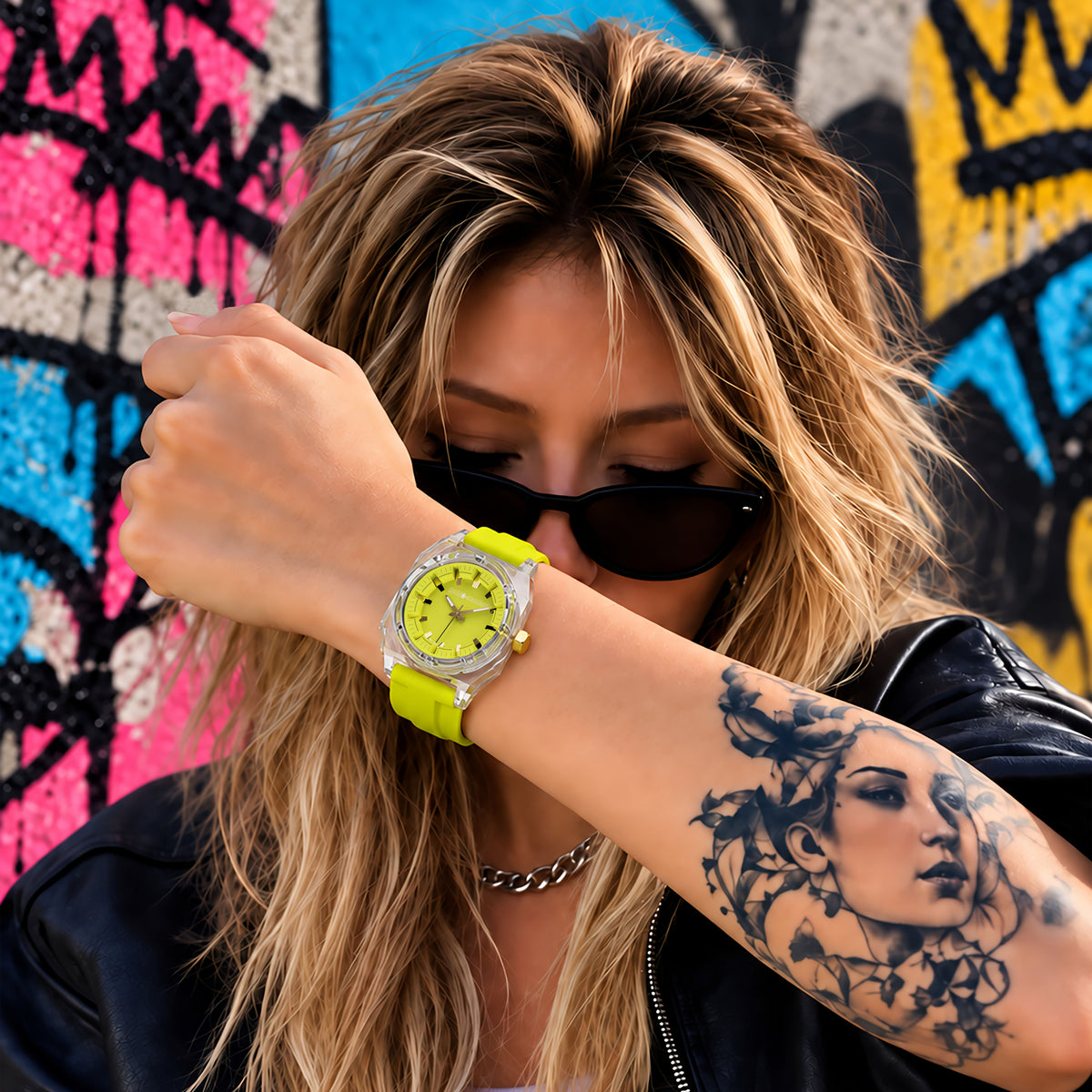 Transparent unisex watch — yellow wrist lifestyle