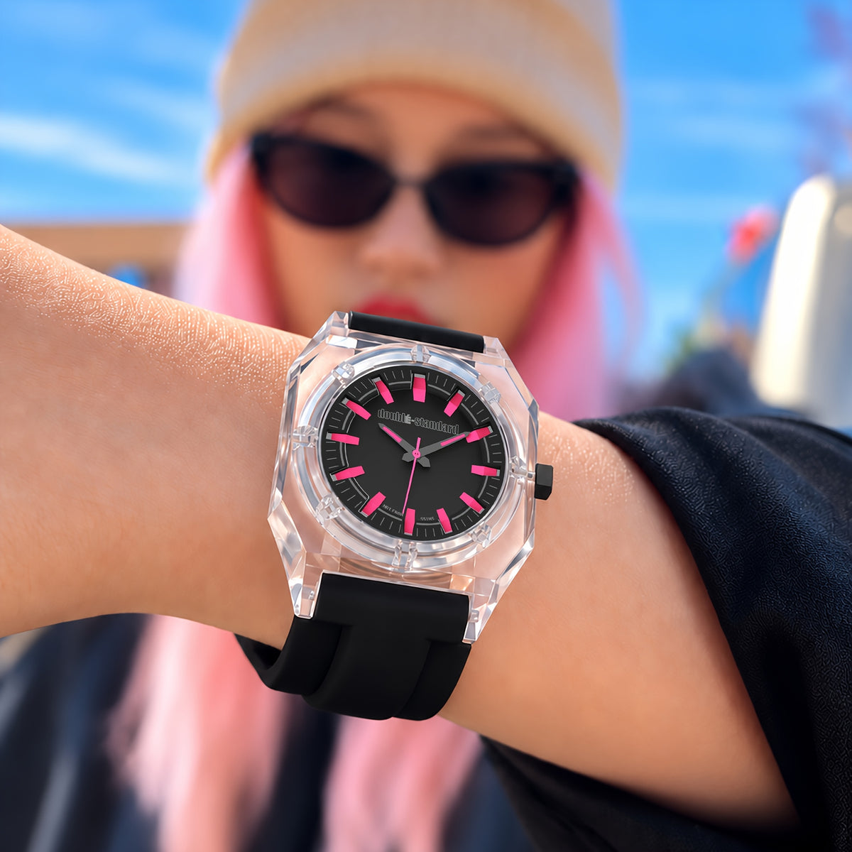 Transparent unisex watch — black pink wrist lifestyle