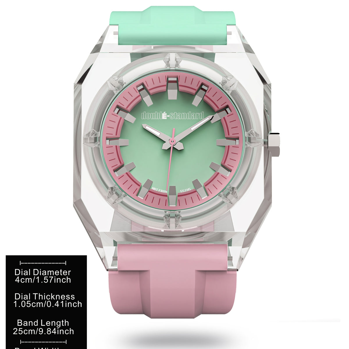 Transparent unisex watch — supplier dimensions