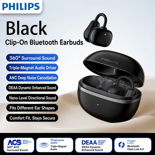 Philips Clip-On Bluetooth Earbuds — 40-Hour Battery