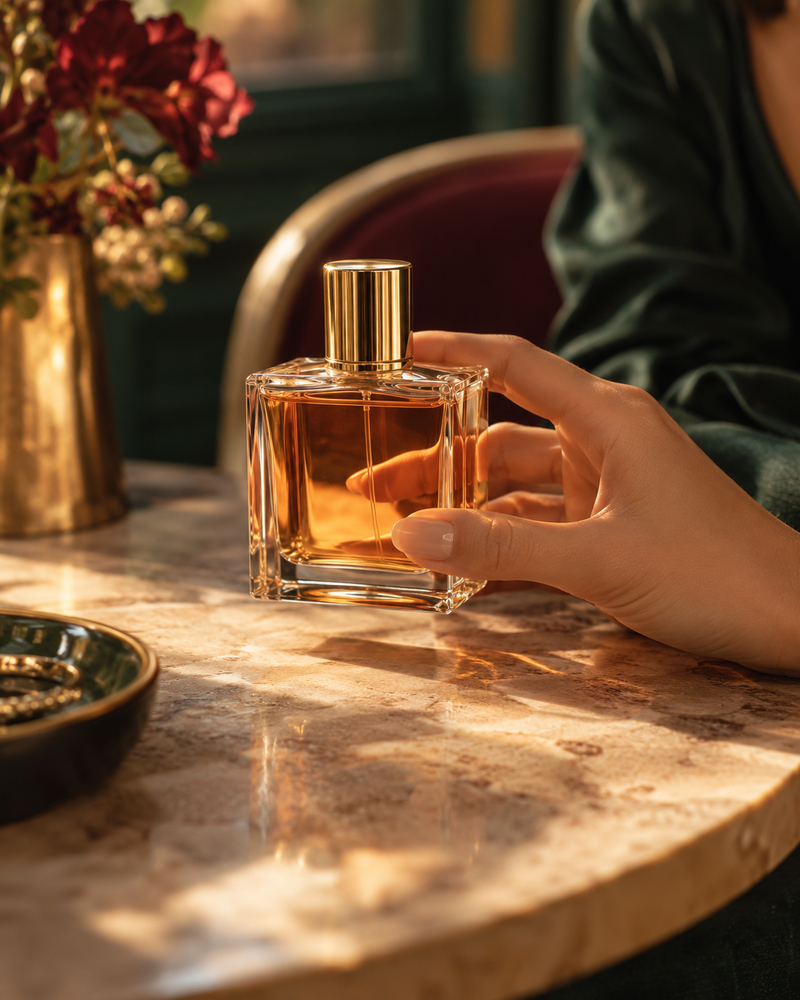 A fragrance bottle in warm natural light