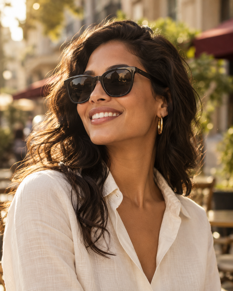 Sunglasses styled for an everyday city moment