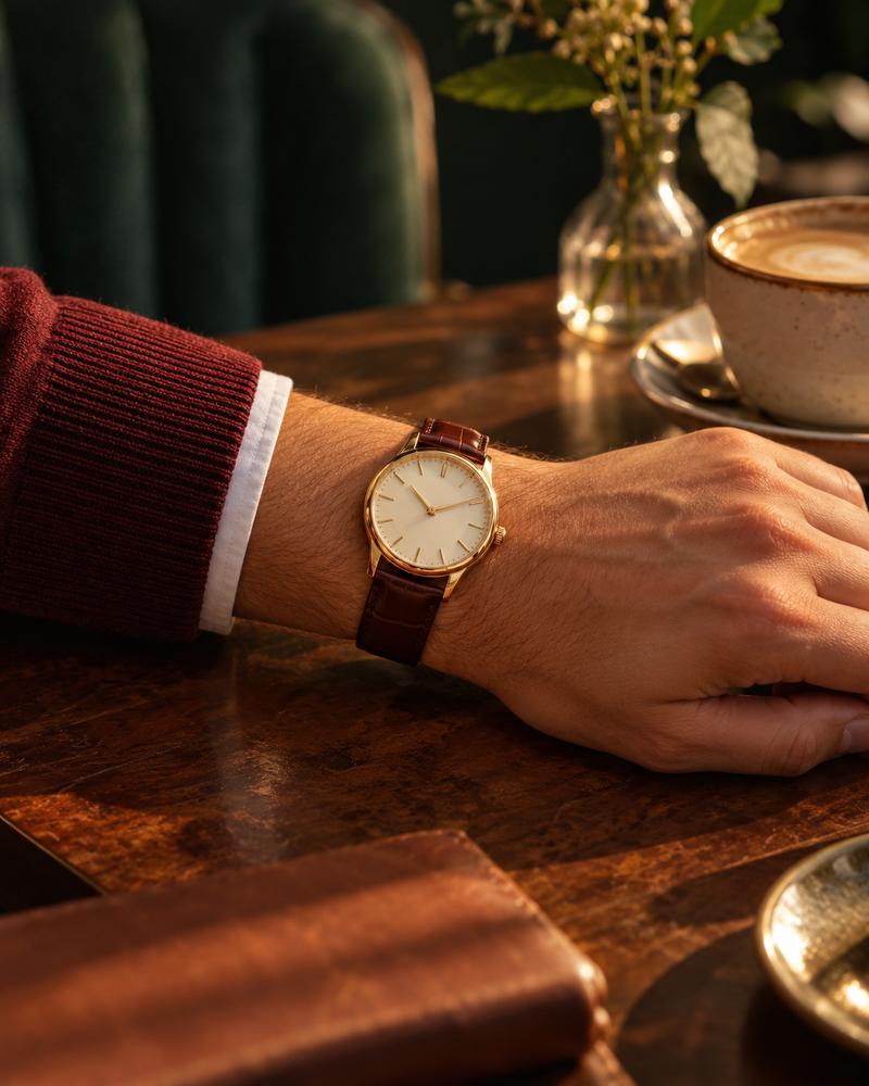 A watch worn in warm afternoon light