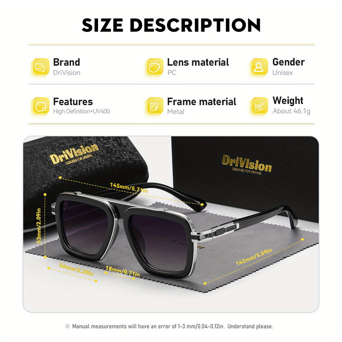 Unisex Retro Square Metal-Frame Sunglasses — product view 5